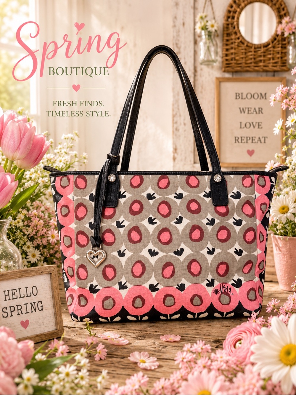 Brighton and Vera Neumann Retired collab Pink and Black Patterned Tote